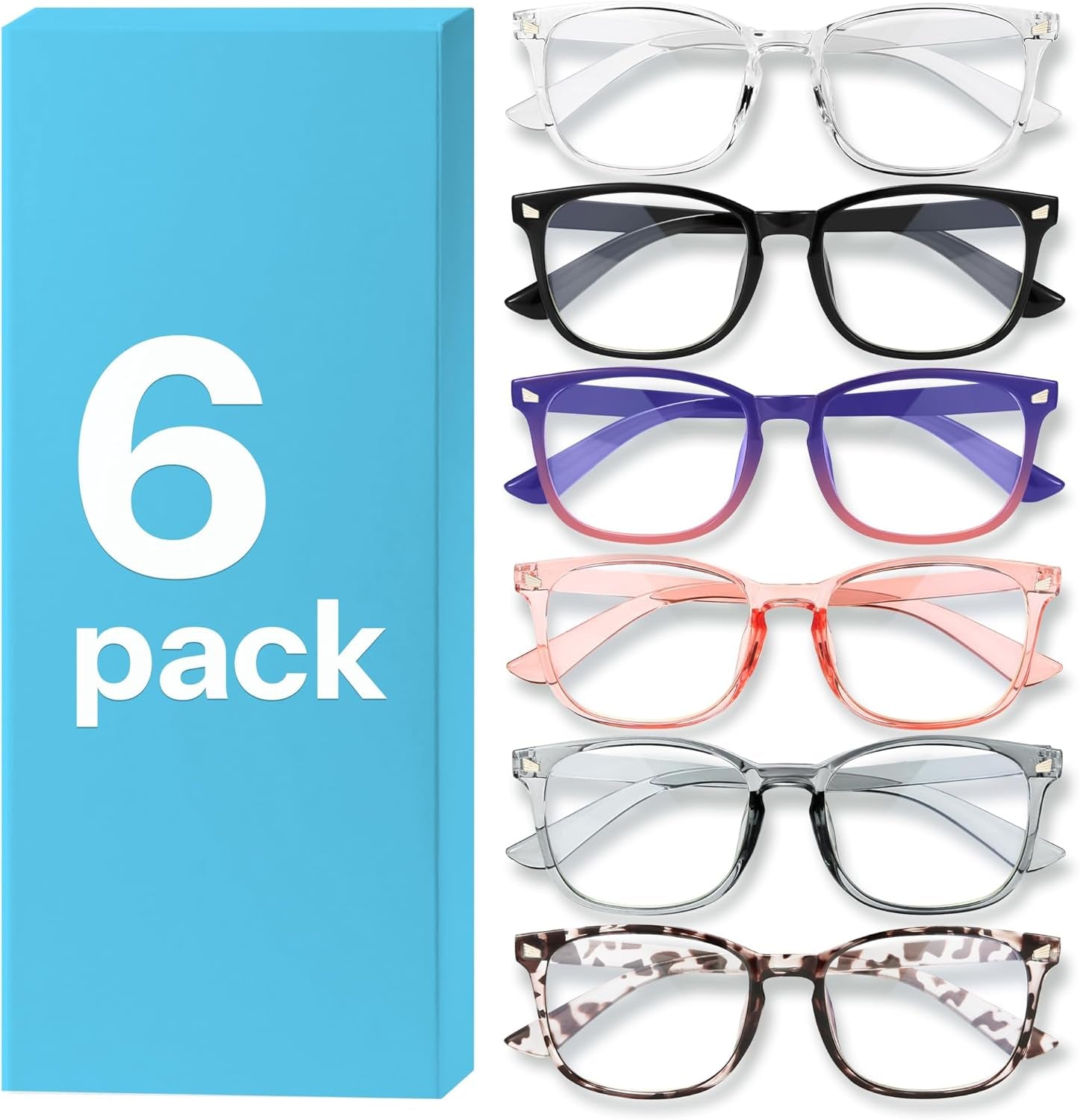 6 Pack Blue Light Blocking Glasses for Computer Gaming, Fashion Fake anti Eye Strain Eyeglasses for Women Men